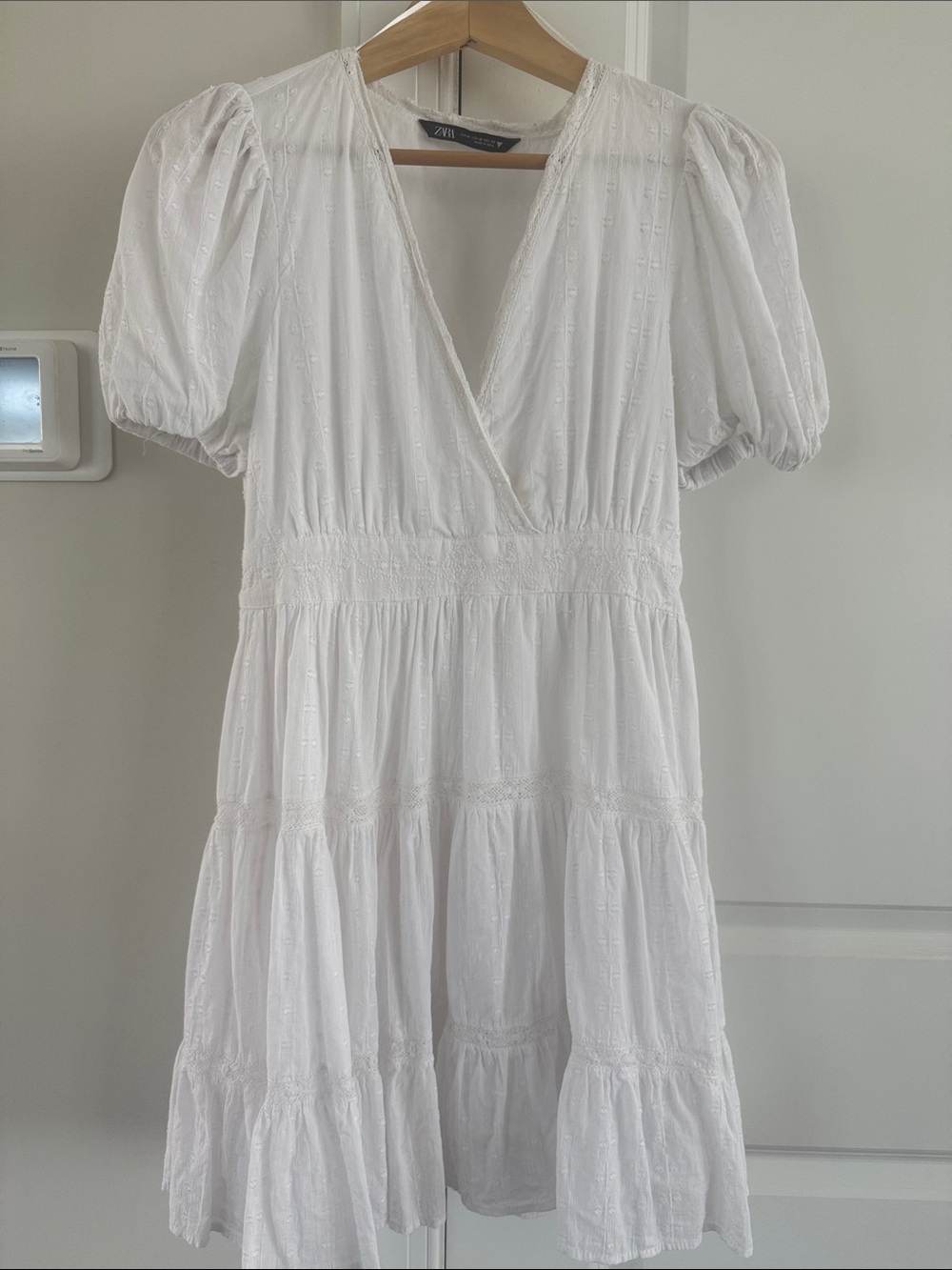 Zara White Puff-Sleeve Tiered Mini Dress